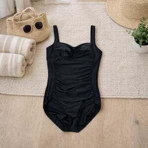 Lands’ End Black Shirred Tummy Control One Piece Swimsuit Size 14